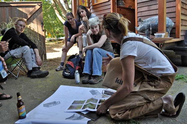 DSC_0343 Dee Williams with group teaching them tiny house construction methods